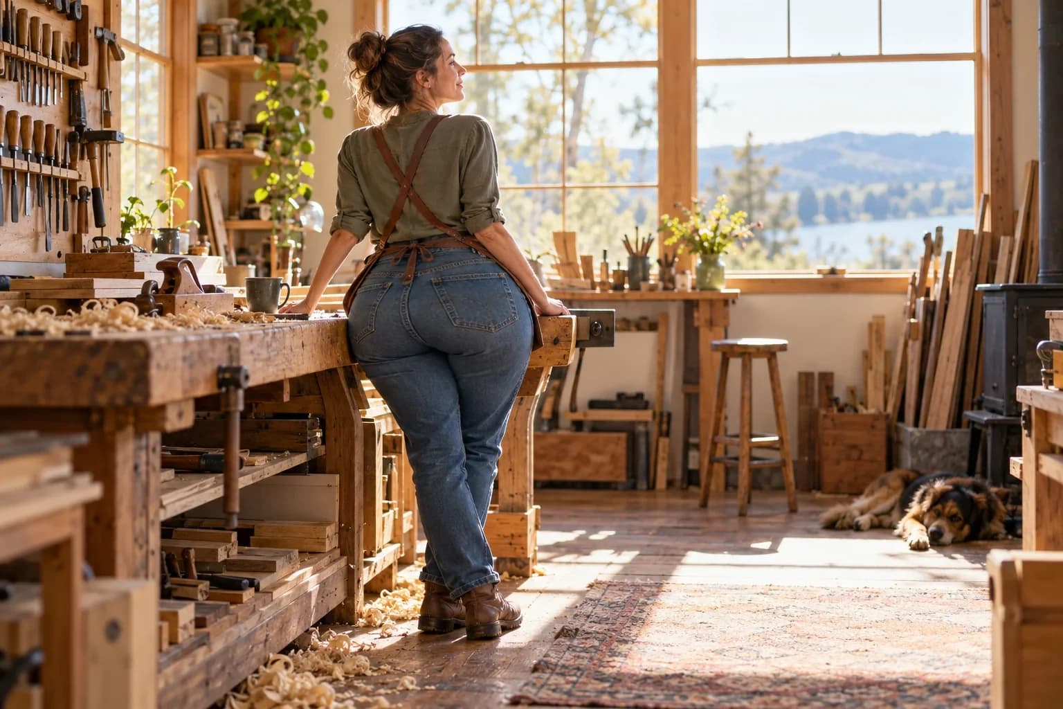 Rear view of a craftswoman in blue jeans taking a breath at her workbench