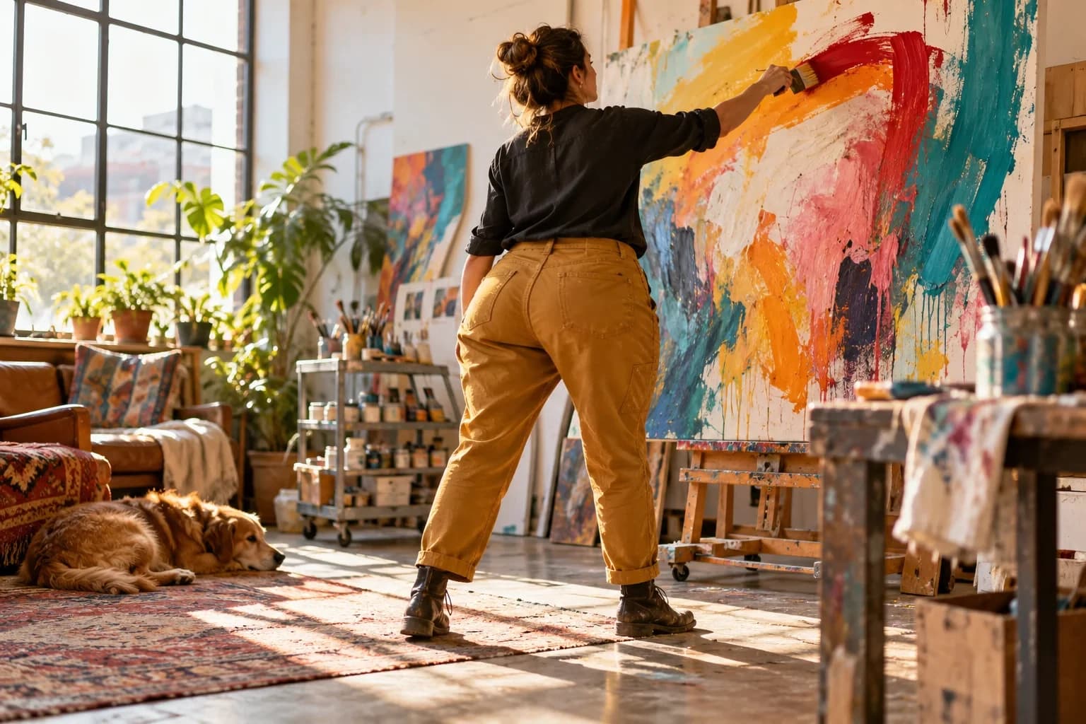 Rear view of an artist in ochre trousers painting in a sunlit studio