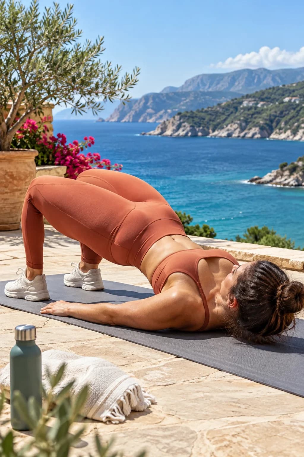 A woman in terracotta leggings lifting her hips in a glute bridge beside the sea