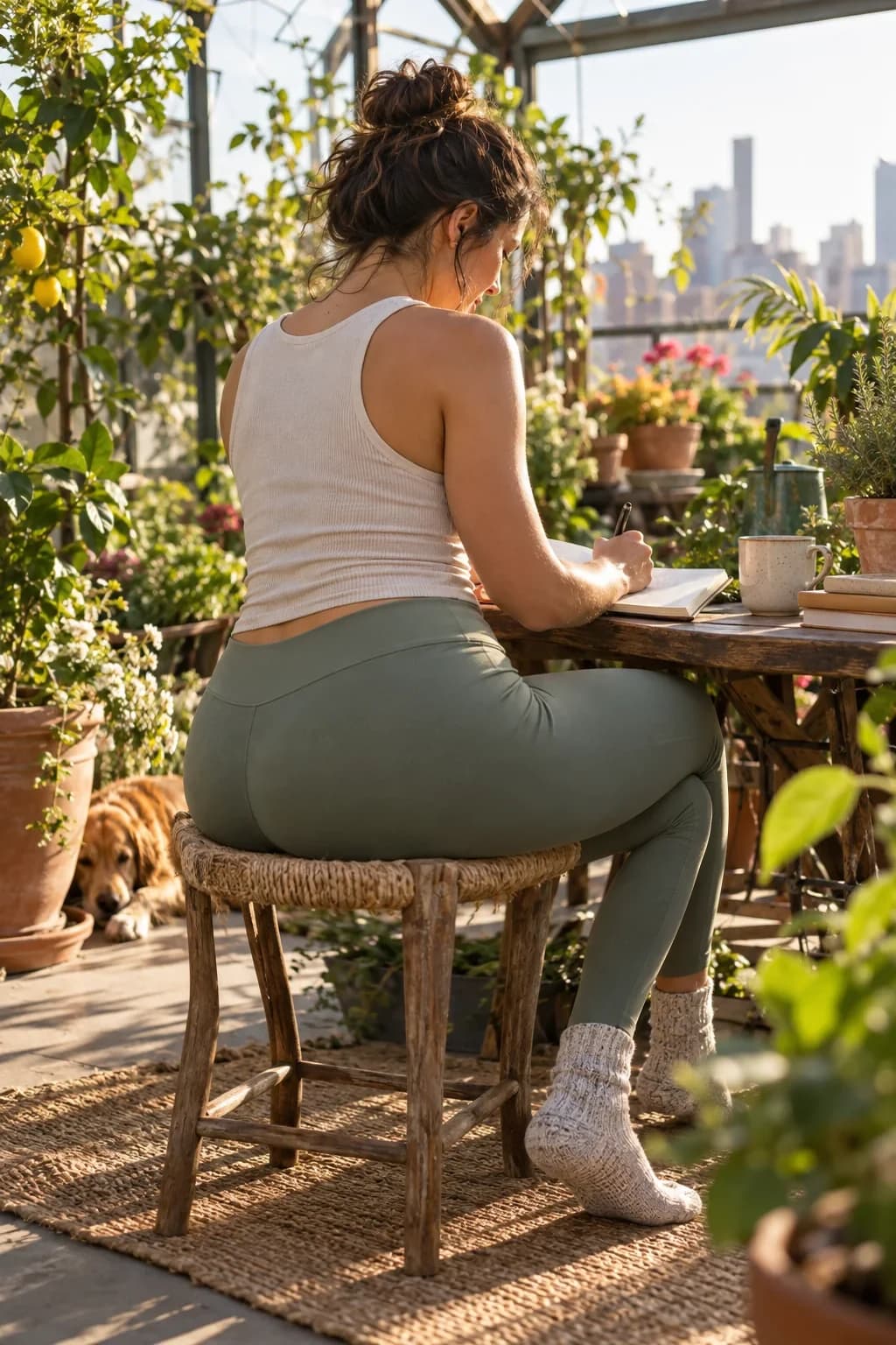 Rear view of a woman journaling on a stool in a rooftop greenhouse