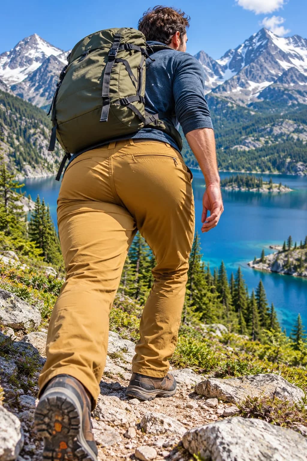 Rear view of a hiker in ochre trousers beside an alpine lake
